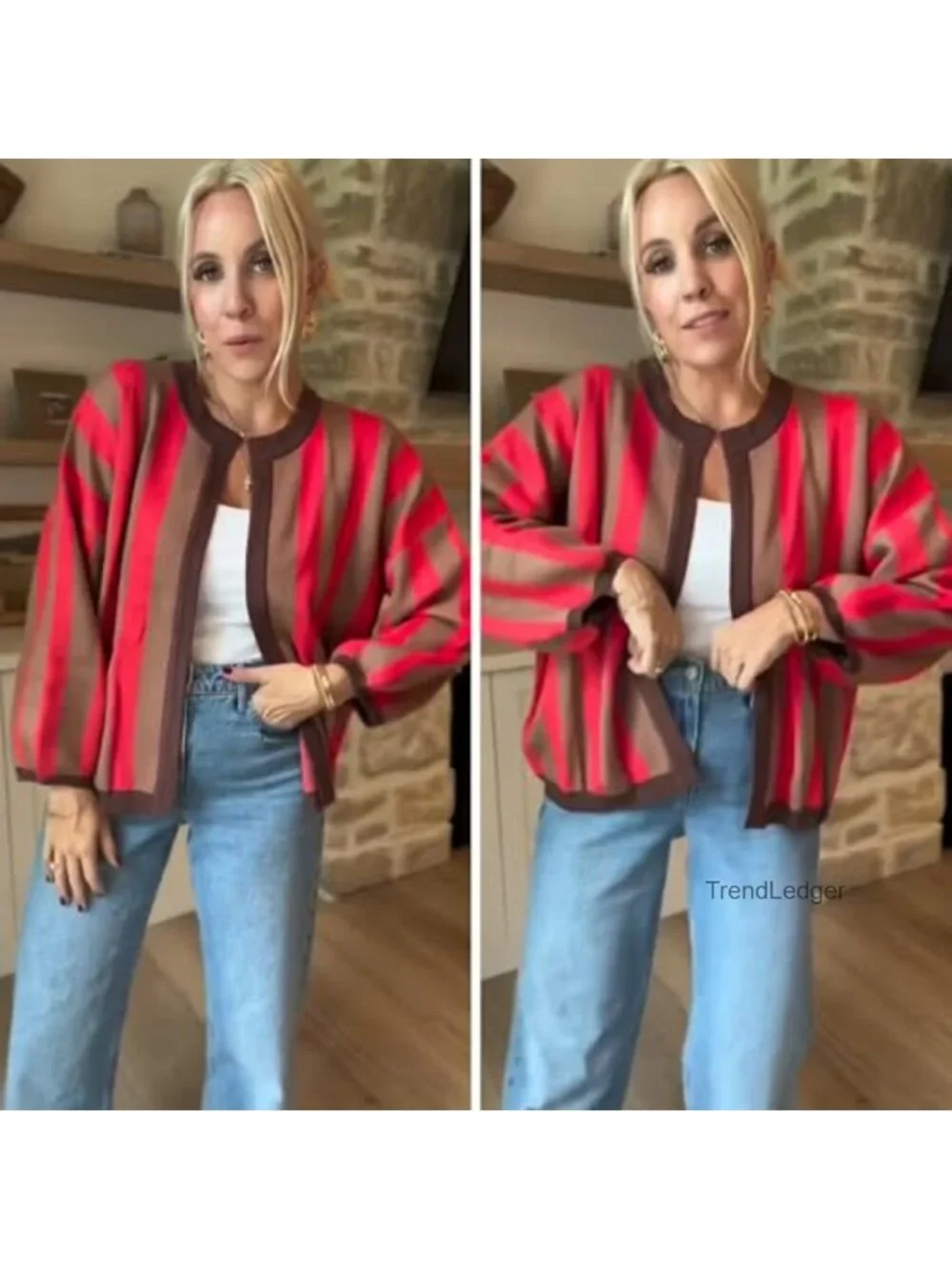 Women's Striped Cardigan Long Balloon Sleeves Loose Fit Open Front Knit Sweater
